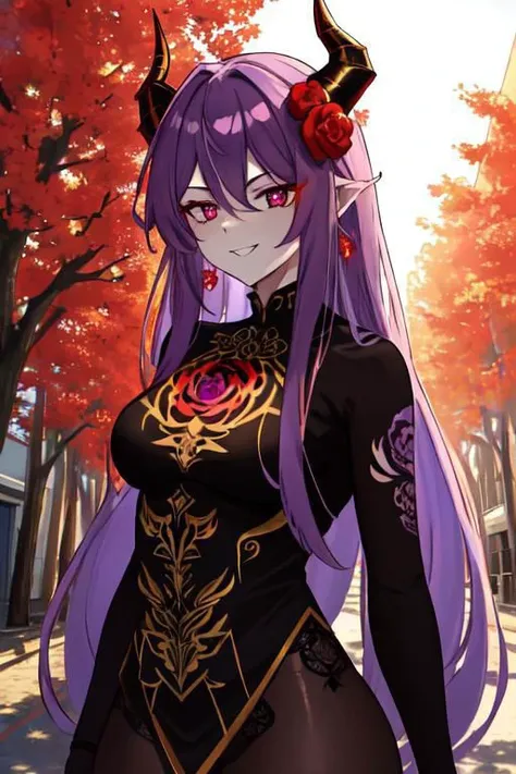 high quality. masterpiece, 8k, street, tree, road, tree canopy, upper body, face focus, 1girl, arrogant, mei, horns, long hair, (purple eyes:1.1), purple Amethyst hair, evil smile, big grin, golden red copper sliver tattoo black leggings, Amethyst laced glow tattoo black bodystockings, lace fractal red and golden glow enhanced skeleton Amethyst black tattoo bodysuit, red flower tattoo, long glow hair, glow golden earrings, red eyes, white face, tattoo mark mask tattoo, arrogant, she is standing, sunlit, weak lights and shadow, tree canopy, street, red flowers, evergreen, face focus,