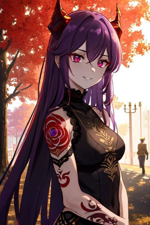 high quality. masterpiece, 8k, street, tree, road, tree canopy, upper body, face focus, 1girl, arrogant, mei, horns, long hair, (purple eyes:1.1), purple Amethyst hair, evil smile, big grin, golden red copper sliver tattoo black leggings, Amethyst laced glow tattoo black bodystockings, lace fractal red and golden glow enhanced skeleton Amethyst black tattoo bodysuit, red flower tattoo, long glow hair, glow golden earrings, red eyes, white face, tattoo mark mask tattoo, arrogant, she is standing, sunlit, weak lights and shadow, tree canopy, street, red flowers, evergreen, face focus,