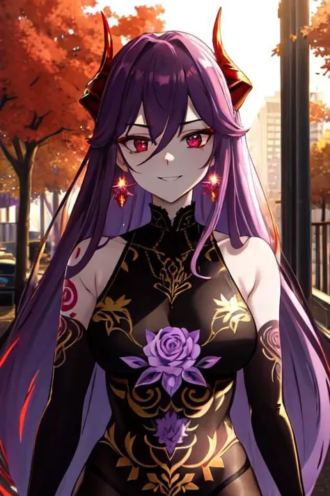 high quality. masterpiece, 8k, street, tree, road, tree canopy, upper body, face focus, 1girl, arrogant, mei, horns, long hair, (purple eyes:1.1), purple Amethyst hair, evil smile, big grin, golden red copper sliver tattoo black leggings, Amethyst laced glow tattoo black bodystockings, lace fractal red and golden glow enhanced skeleton Amethyst black tattoo bodysuit, red flower tattoo, long glow hair, glow golden earrings, red eyes, white face, tattoo mark mask tattoo, arrogant, she is standing, sunlit, weak lights and shadow, tree canopy, street, red flowers, evergreen, face focus,