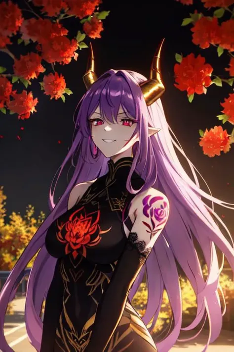 high quality. masterpiece, 8k, street, tree, road, tree canopy, upper body, face focus, 1girl, arrogant, mei, horns, long hair, (purple eyes:1.1), purple Amethyst hair, evil smile, big grin, golden red copper sliver tattoo black leggings, Amethyst laced glow tattoo black bodystockings, lace fractal red and golden glow enhanced skeleton Amethyst black tattoo bodysuit, red flower tattoo, long glow hair, glow golden earrings, red eyes, white face, tattoo mark mask tattoo, arrogant, she is standing, sunlit, weak lights and shadow, tree canopy, street, red flowers, evergreen, face focus,