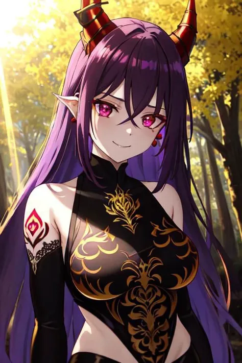 high quality. masterpiece, 8k, street, tree, road, tree canopy, upper body, face focus, 1girl, arrogant, mei, horns, long hair, (purple eyes:1.1), purple Amethyst hair, evil smile, big grin, golden red copper sliver tattoo black leggings, Amethyst laced glow tattoo black bodystockings, lace fractal red and golden glow enhanced skeleton Amethyst black tattoo bodysuit, red flower tattoo, long glow hair, glow golden earrings, red eyes, white face, tattoo mark mask tattoo, arrogant, she is standing, sunlit, weak lights and shadow, tree canopy, street, red flowers, evergreen, face focus,