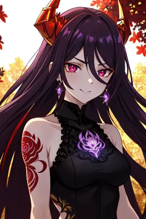 high quality. masterpiece, 8k, street, tree, road, tree canopy, upper body, face focus, 1girl, arrogant, mei, horns, long hair, (purple eyes:1.1), purple Amethyst hair, evil smile, big grin, golden red copper sliver tattoo black leggings, Amethyst laced glow tattoo black bodystockings, lace fractal red and golden glow enhanced skeleton Amethyst black tattoo bodysuit, red flower tattoo, long glow hair, glow golden earrings, red eyes, white face, tattoo mark mask tattoo, arrogant, she is standing, sunlit, weak lights and shadow, tree canopy, street, red flowers, evergreen, face focus,