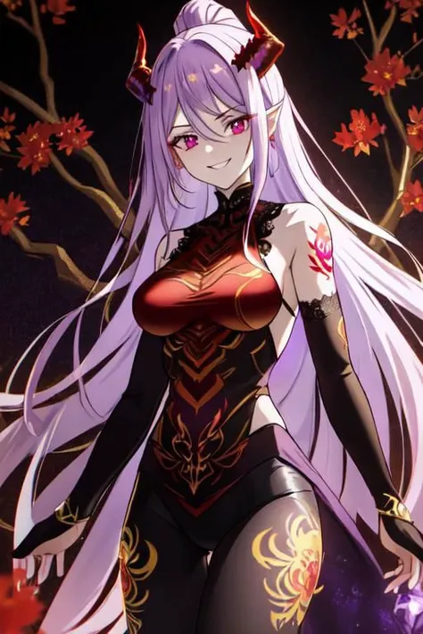 high quality. masterpiece, 8k, street, tree, road, tree canopy, upper body, face focus, 1girl, arrogant, mei, horns, long hair, (purple eyes:1.1), purple Amethyst hair, evil smile, big grin, golden red copper sliver tattoo black leggings, Amethyst laced glow tattoo black bodystockings, lace fractal red and golden glow enhanced skeleton Amethyst black tattoo bodysuit, red flower tattoo, long glow hair, glow golden earrings, red eyes, white face, tattoo mark mask tattoo, arrogant, she is standing, sunlit, weak lights and shadow, tree canopy, street, red flowers, evergreen, face focus,