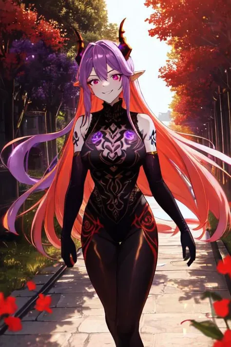 high quality. masterpiece, 8k, street, tree, road, tree canopy, upper body, face focus, 1girl, arrogant, mei, horns, long hair, (purple eyes:1.1), purple Amethyst hair, evil smile, big grin, golden red copper sliver tattoo black leggings, Amethyst laced glow tattoo black bodystockings, lace fractal red and golden glow enhanced skeleton Amethyst black tattoo bodysuit, red flower tattoo, long glow hair, glow golden earrings, red eyes, white face, tattoo mark mask tattoo, arrogant, she is standing, sunlit, weak lights and shadow, tree canopy, street, red flowers, evergreen, face focus,