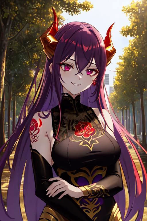 high quality. masterpiece, 8k, street, tree, road, tree canopy, upper body, face focus, 1girl, arrogant, mei, horns, long hair, (purple eyes:1.1), purple Amethyst hair, evil smile, big grin, golden red copper sliver tattoo black leggings, Amethyst laced glow tattoo black bodystockings, lace fractal red and golden glow enhanced skeleton Amethyst black tattoo bodysuit, red flower tattoo, long glow hair, glow golden earrings, red eyes, white face, tattoo mark mask tattoo, arrogant, she is standing, sunlit, weak lights and shadow, tree canopy, street, red flowers, evergreen, face focus,