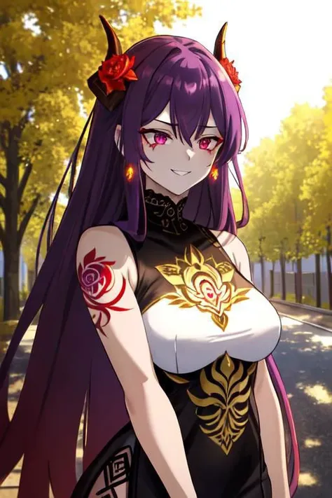 high quality. masterpiece, 8k, street, tree, road, tree canopy, upper body, face focus, 1girl, arrogant, mei, horns, long hair, (purple eyes:1.1), purple Amethyst hair, evil smile, big grin, golden red copper sliver tattoo black leggings, Amethyst laced glow tattoo black bodystockings, lace fractal red and golden glow enhanced skeleton Amethyst black tattoo bodysuit, red flower tattoo, long glow hair, glow golden earrings, red eyes, white face, tattoo mark mask tattoo, arrogant, she is standing, sunlit, weak lights and shadow, tree canopy, street, red flowers, evergreen, face focus,