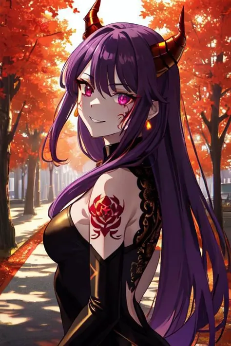 high quality. masterpiece, 8k, street, tree, road, tree canopy, upper body, face focus, 1girl, arrogant, mei, horns, long hair, (purple eyes:1.1), purple Amethyst hair, evil smile, big grin, golden red copper sliver tattoo black leggings, Amethyst laced glow tattoo black bodystockings, lace fractal red and golden glow enhanced skeleton Amethyst black tattoo bodysuit, red flower tattoo, long glow hair, glow golden earrings, red eyes, white face, tattoo mark mask tattoo, arrogant, she is standing, sunlit, weak lights and shadow, tree canopy, street, red flowers, evergreen, face focus,