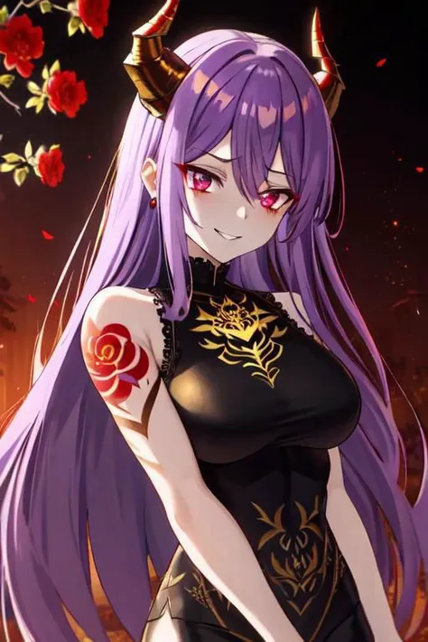 high quality. masterpiece, 8k, street, tree, road, tree canopy, upper body, face focus, 1girl, arrogant, mei, horns, long hair, (purple eyes:1.1), purple Amethyst hair, evil smile, big grin, golden red copper sliver tattoo black leggings, Amethyst laced glow tattoo black bodystockings, lace fractal red and golden glow enhanced skeleton Amethyst black tattoo bodysuit, red flower tattoo, long glow hair, glow golden earrings, red eyes, white face, tattoo mark mask tattoo, arrogant, she is standing, sunlit, weak lights and shadow, tree canopy, street, red flowers, evergreen, face focus,