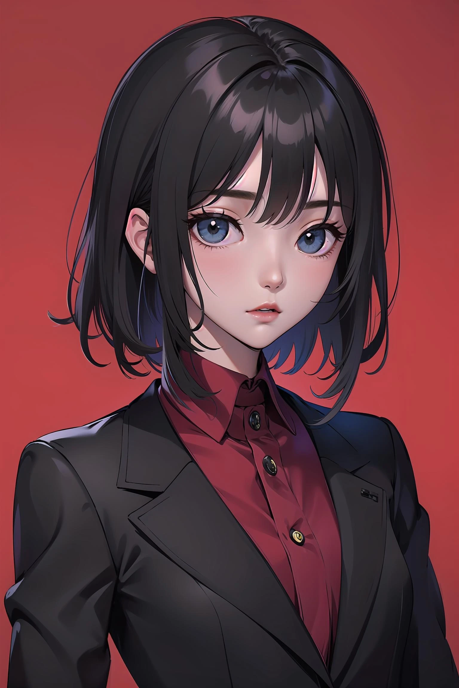 portrait,man, upper body,short hair,black hair,black suit,red background, simple backgroundred theme,looking at viewer,official art