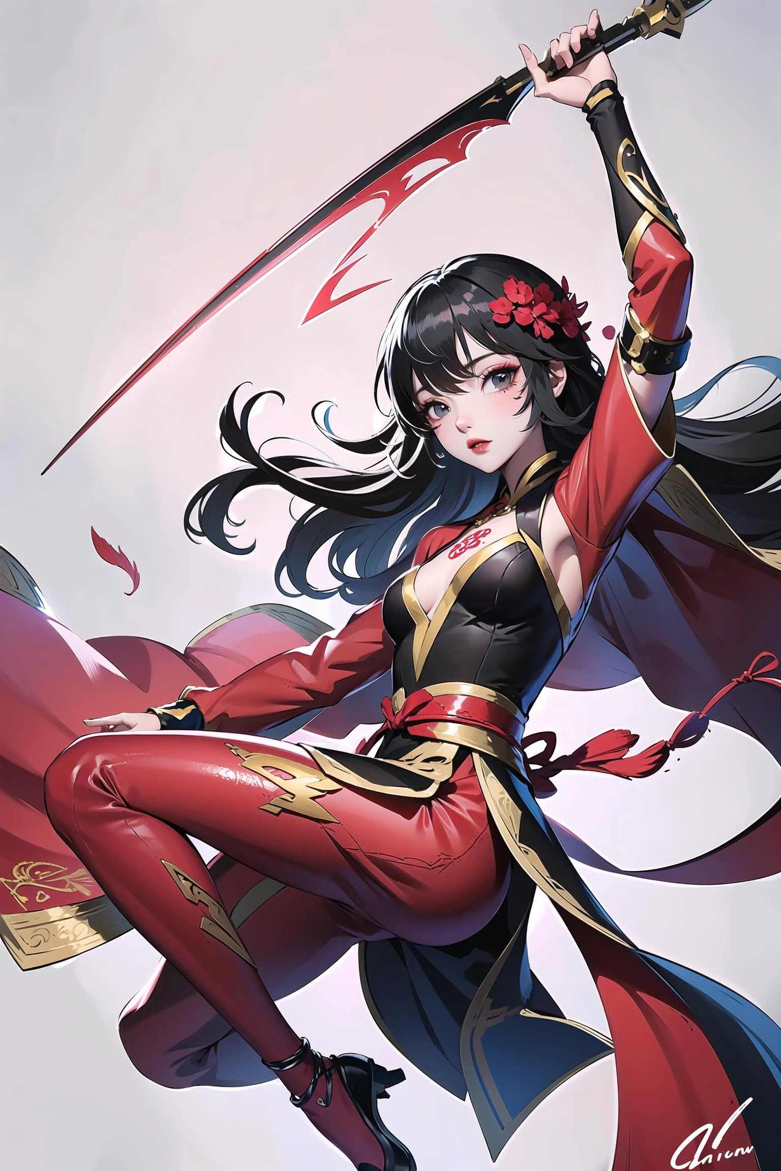 Original,very detailed wallpaper,very detailed illustrations,flowers,,1gril,jewelry, long hair,black hair,blue hanfu,ancient makeup,red makeupTattoo,Tattoo,combat,(thunder and Aegis:1.2),blue theme, ice, solemn, Complex texture,tassel,martial art,Daemon,(jump:1.3),from side,arm up, ribbon,<lora:Super_Face_Science:0.6>
