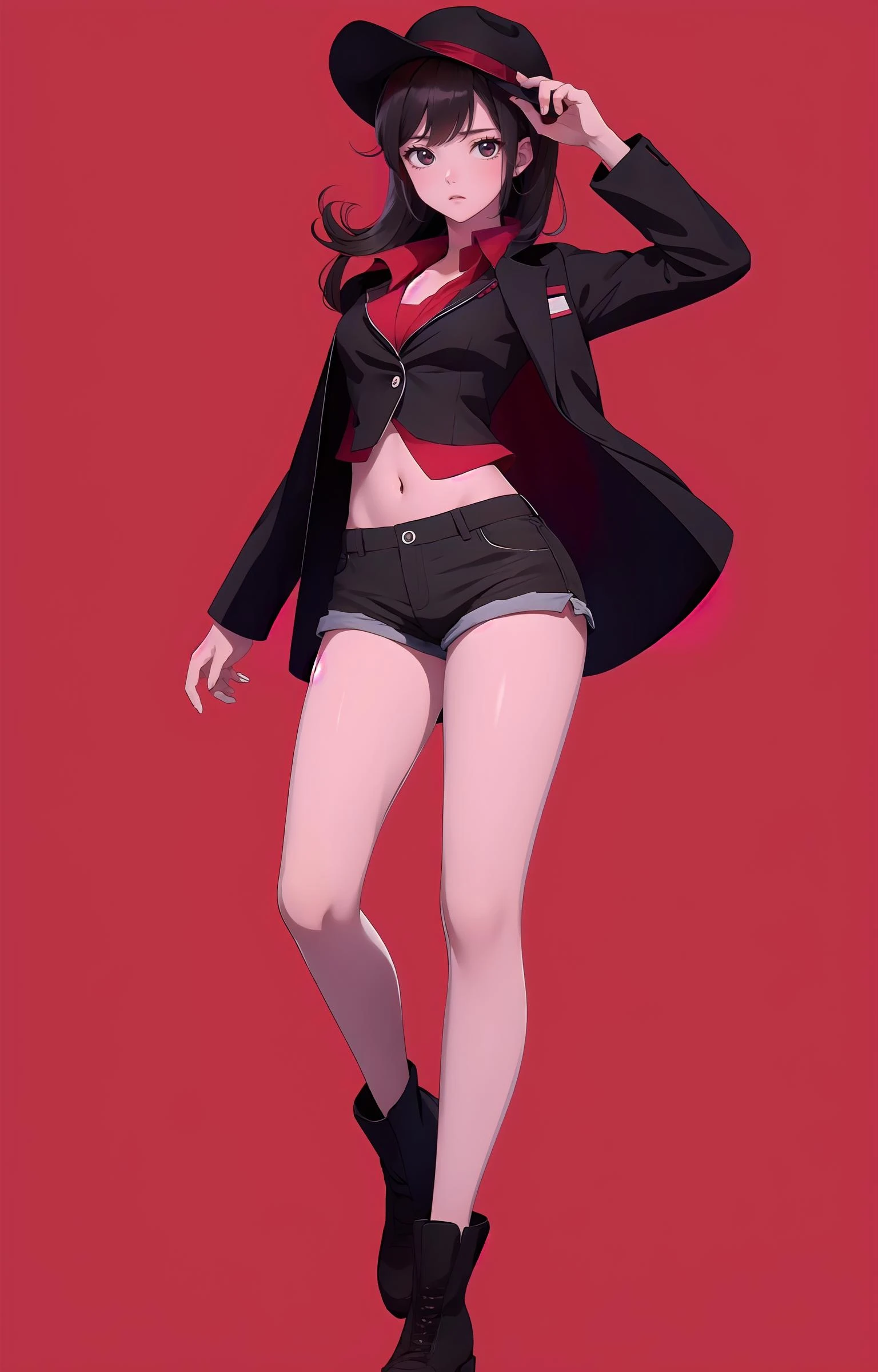 simple background,red background,1gril,standing,full body, Cowboy,black jacket, shorts,