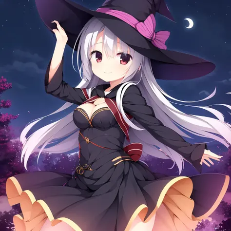 masterpiece, best quality, 1girl, solo, night sky, outdoors, moon, stars, clouds, wind, medium hair, boots, witch, smile, red eyes, arms up, cleavage, tree, night, yuzu$style