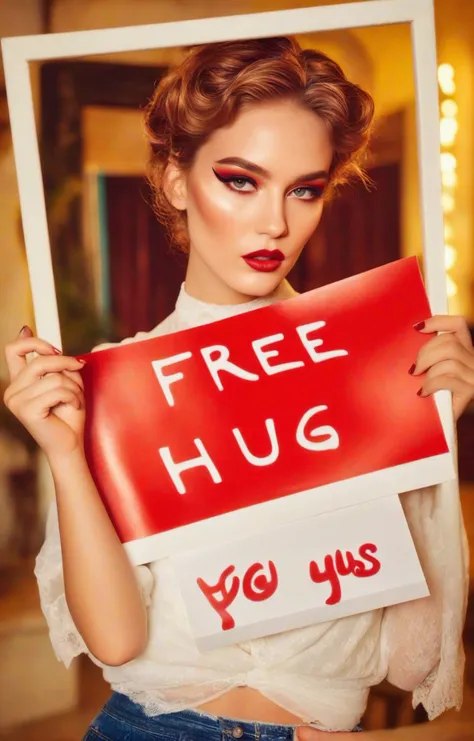 fashion photoshoot, shot by Ellen Von Unwerth, (holding a sign with, text as "FREE HUGS", style_bebas:1.2) . statuesque Maiense woman with a tired expression with fabulous makeup, detailed face, stunning beauty, detailed skin, skin texture, skin pores, (freckles:0.4), <lora:textxl:1>, high quality, 4k, 8k, masterpiece, two tone cinematic lighting