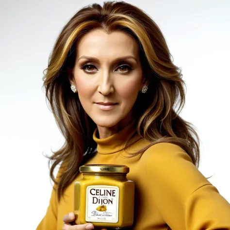 high quality photography, very realistic, (woman, celine dion), with dijon mustard jar, (label text as "CELINE DIJON", style_bebas:1.2)  <lora:textxl:0.8>