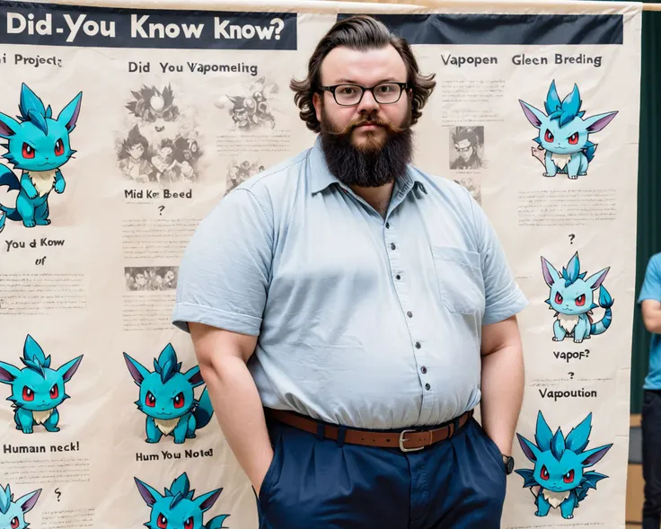 vintage photo of a stand on science fair, large banner with (text as "DID YOU KNOW...") pinned to the project, style_brush, (sheets of notes pinned to the project), illustrations of (pokemon vaporeon) pinned to the project, headline as text "HUMAN POKEMON BREEDING", nerd in mid 30s with neck beard standing near, obese, wearing sweaty tshirt, looking at viewer <lora:textxl:1>