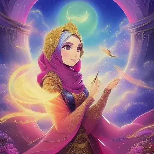 Dreamscape masterpiece, best quality, 1girl, solo, long_hair,anime arabic style, magical elements, elaborate backgrounds, traditional Arabic clothing, colorful and vibrant, detailed character design, calligraphy elements, fantasy setting, mystical powers, Hejab Islamic, emotional expressions, studio lighting, clear skies, anime-style hejab, environmental effects, Islamic motifs, camera effects, vibrant colors, unique camera angles, soft lighting, Studio Lights, Natural Light, Rim Lighting, Colored Lights, Soft Lighting, Hard Lighting, . Surreal, ethereal, dreamy, mysterious, fantasy, highly detailed