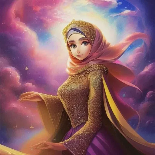 Dreamscape masterpiece, best quality, 1girl, solo, long_hair,anime arabic style, magical elements, elaborate backgrounds, traditional Arabic clothing, colorful and vibrant, detailed character design, calligraphy elements, fantasy setting, mystical powers, Hejab Islamic, emotional expressions, studio lighting, clear skies, anime-style hejab, environmental effects, Islamic motifs, camera effects, vibrant colors, unique camera angles, soft lighting, Studio Lights, Natural Light, Rim Lighting, Colored Lights, Soft Lighting, Hard Lighting, . Surreal, ethereal, dreamy, mysterious, fantasy, highly detailed