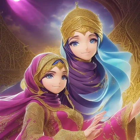 professional 3d model masterpiece, best quality, 1girl, solo, long_hair,anime arabic style, magical elements, elaborate backgrounds, traditional Arabic clothing, colorful and vibrant, detailed character design, calligraphy elements, fantasy setting, mystical powers, Hejab Islamic, emotional expressions, studio lighting, clear skies, anime-style hejab, environmental effects, Islamic motifs, camera effects, vibrant colors, unique camera angles, soft lighting, Studio Lights, Natural Light, Rim Lighting, Colored Lights, Soft Lighting, Hard Lighting, . octane render, highly detailed, volumetric, dramatic lighting