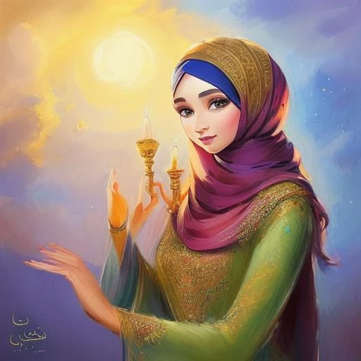 Impressionist painting masterpiece, best quality, 1girl, solo, long_hair,anime arabic style, magical elements, elaborate backgrounds, traditional Arabic clothing, colorful and vibrant, detailed character design, calligraphy elements, fantasy setting, mystical powers, Hejab Islamic, emotional expressions, studio lighting, clear skies, anime-style hejab, environmental effects, Islamic motifs, camera effects, vibrant colors, unique camera angles, soft lighting, Studio Lights, Natural Light, Rim Lighting, Colored Lights, Soft Lighting, Hard Lighting, . Loose brushwork, vibrant color, light and shadow play, captures feeling over form