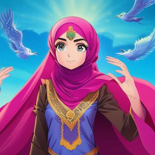 GTA-style artwork masterpiece, best quality, 1girl, solo, long_hair,anime arabic style, magical elements, elaborate backgrounds, traditional Arabic clothing, colorful and vibrant, detailed character design, calligraphy elements, fantasy setting, mystical powers, Hejab Islamic, emotional expressions, studio lighting, clear skies, anime-style hejab, environmental effects, Islamic motifs, camera effects, vibrant colors, unique camera angles, soft lighting, Studio Lights, Natural Light, Rim Lighting, Colored Lights, Soft Lighting, Hard Lighting, . Satirical, exaggerated, pop art style, vibrant colors, iconic characters, action-packed