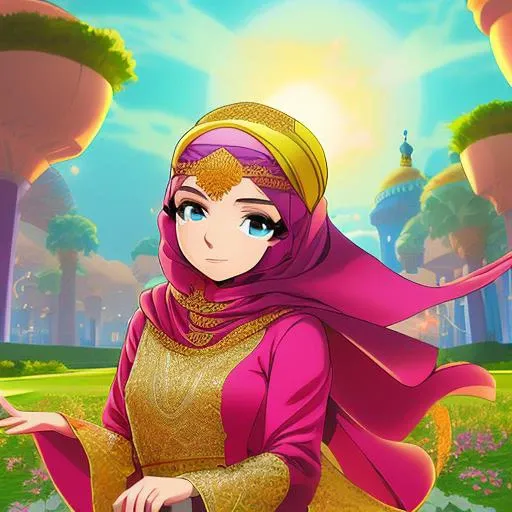 GTA-style artwork masterpiece, best quality, 1girl, solo, long_hair,anime arabic style, magical elements, elaborate backgrounds, traditional Arabic clothing, colorful and vibrant, detailed character design, calligraphy elements, fantasy setting, mystical powers, Hejab Islamic, emotional expressions, studio lighting, clear skies, anime-style hejab, environmental effects, Islamic motifs, camera effects, vibrant colors, unique camera angles, soft lighting, Studio Lights, Natural Light, Rim Lighting, Colored Lights, Soft Lighting, Hard Lighting, . Satirical, exaggerated, pop art style, vibrant colors, iconic characters, action-packed