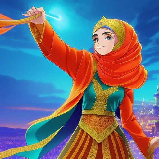 GTA-style artwork masterpiece, best quality, 1girl, solo, long_hair,anime arabic style, magical elements, elaborate backgrounds, traditional Arabic clothing, colorful and vibrant, detailed character design, calligraphy elements, fantasy setting, mystical powers, Hejab Islamic, emotional expressions, studio lighting, clear skies, anime-style hejab, environmental effects, Islamic motifs, camera effects, vibrant colors, unique camera angles, soft lighting, Studio Lights, Natural Light, Rim Lighting, Colored Lights, Soft Lighting, Hard Lighting, . Satirical, exaggerated, pop art style, vibrant colors, iconic characters, action-packed