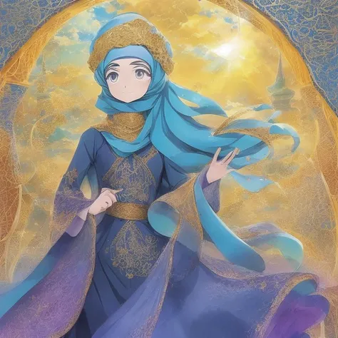 Anime a beautiful female Arabic Style, mystical powers, magical elements, dynamic action scenes, detailed character design, Hejab Islamic, elaborate backgrounds, emotional expressions, calligraphy elements, fantasy setting, colorful and vibrant,
