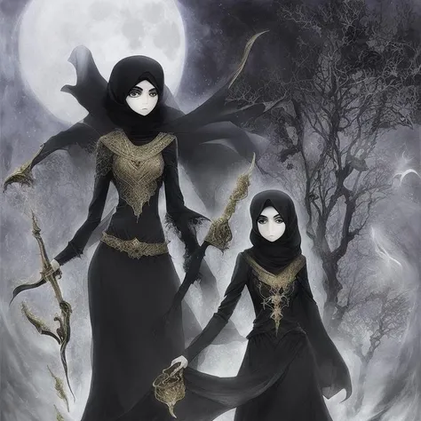 Horror-themed Anime a beautiful female Arabic Style, mystical powers, magical elements, dynamic action scenes, detailed character design, Hejab Islamic, elaborate backgrounds, emotional expressions, calligraphy elements, fantasy setting, colorful and vibrant, . Eerie, unsettling, dark, spooky, suspenseful, grim, highly detailed