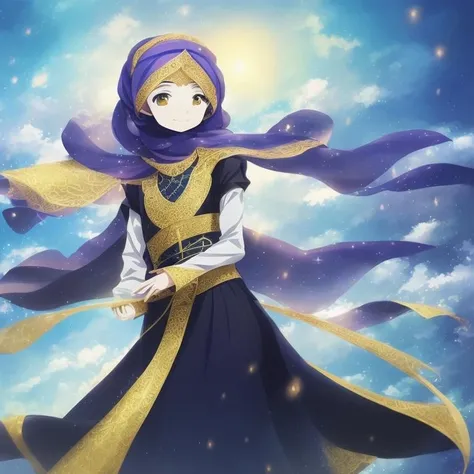 1girl for Anime Arabic Style, magical elements, elaborate backgrounds, traditional Arabic clothing, colorful and vibrant, detailed character design, calligraphy elements, fantasy setting, mystical powers, Hejab Islamic, emotional expressions, studio lighting, clear skies, anime-style hejab, environmental effects, Islamic motifs, camera effects, vibrant colors, unique camera angles, soft lighting, Studio Lights, Natural Light, Rim Lighting, Colored Lights, Soft Lighting, Hard Lighting,