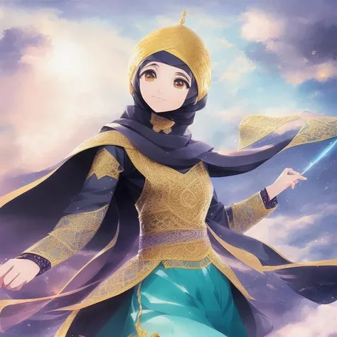 emotional expressions, calligraphy elements, detailed character design, mystical powers, elaborate backgrounds, fantasy setting, colorful and vibrant, Hejab Islamic, magical elements, traditional Arabic clothing, dynamic action scenes, Anime Arabic Style,