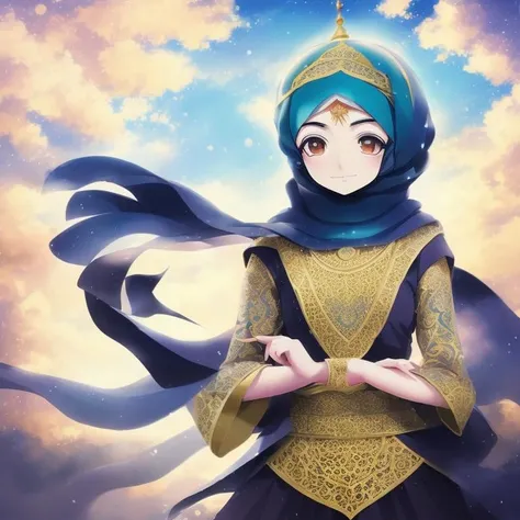 1girl for Anime Arabic Style, magical elements, elaborate backgrounds, traditional Arabic clothing, colorful and vibrant, detailed character design, calligraphy elements, fantasy setting, mystical powers, Hejab Islamic, emotional expressions, studio lighting, clear skies, anime-style hejab, environmental effects, Islamic motifs, camera effects, vibrant colors, unique camera angles, soft lighting, Studio Lights, Natural Light, Rim Lighting, Colored Lights, Soft Lighting, Hard Lighting,