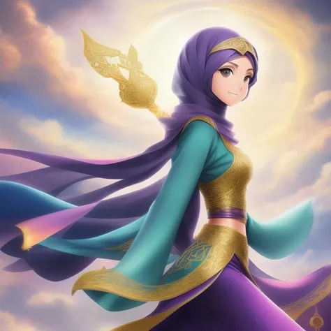 ethereal fantasy concept art of colorful and vibrant, elaborate backgrounds, calligraphy elements, Hejab Islamic, mystical powers, magical elements, traditional Arabic clothing, Anime Arabic Style, fantasy setting, dynamic action scenes, emotional expressions, detailed character design, soft lighting, environmental effects, studio lighting, vibrant colors, camera effects, Islamic motifs, unique camera angles, anime-style hejab, clear skies, comic book style, Camera Type: Drone, Lights: Colored Lights, Soft Lighting, Natural Light, Rim Lighting, Studio Lights, Hard Lighting, Colors: Orange, Purple, Pink, Turquoise, Green, Yellow, Blue, Red . magnificent, celestial, ethereal, painterly, epic, majestic, magical, fantasy art, cover art, dreamy