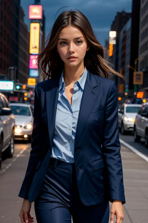 photo of beautiful (jg_nicolacav:0.99), a woman, (((walking in new york at night))), (((nightime))), (((night))), modelshoot style, (extremely detailed CG unity 8k wallpaper), photo of the most beautiful artwork in the world, professional majestic (photography by Steve McCurry), 8k uhd, dslr, soft lighting, high quality, film grain, Fujifilm XT3 sharp focus, f 5.6, High Detail, Sharp focus, dramatic, (((wearing a dark_blue_blazer, shirt, pants))), (looking at viewer:1.2), (detailed pupils:1.3), (natural light), (medium-long shot:1.2)