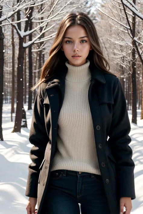 photo of beautiful (jg_nicolacav:0.99), a woman, (((walking in a winter_forest))), (((snow))), modelshoot style, (extremely detailed CG unity 8k wallpaper), photo of the most beautiful artwork in the world, professional majestic (photography by Steve McCurry), 8k uhd, dslr, soft lighting, high quality, film grain, Fujifilm XT3 sharp focus, f 5.6, High Detail, Sharp focus, dramatic, (wearing a turtleneck sweater), (((wearing a winter_coat))), ((wearing jeans_pants)), (looking at viewer:1.2), (detailed pupils:1.3), (natural light), (((medium-long shot:1.2)))