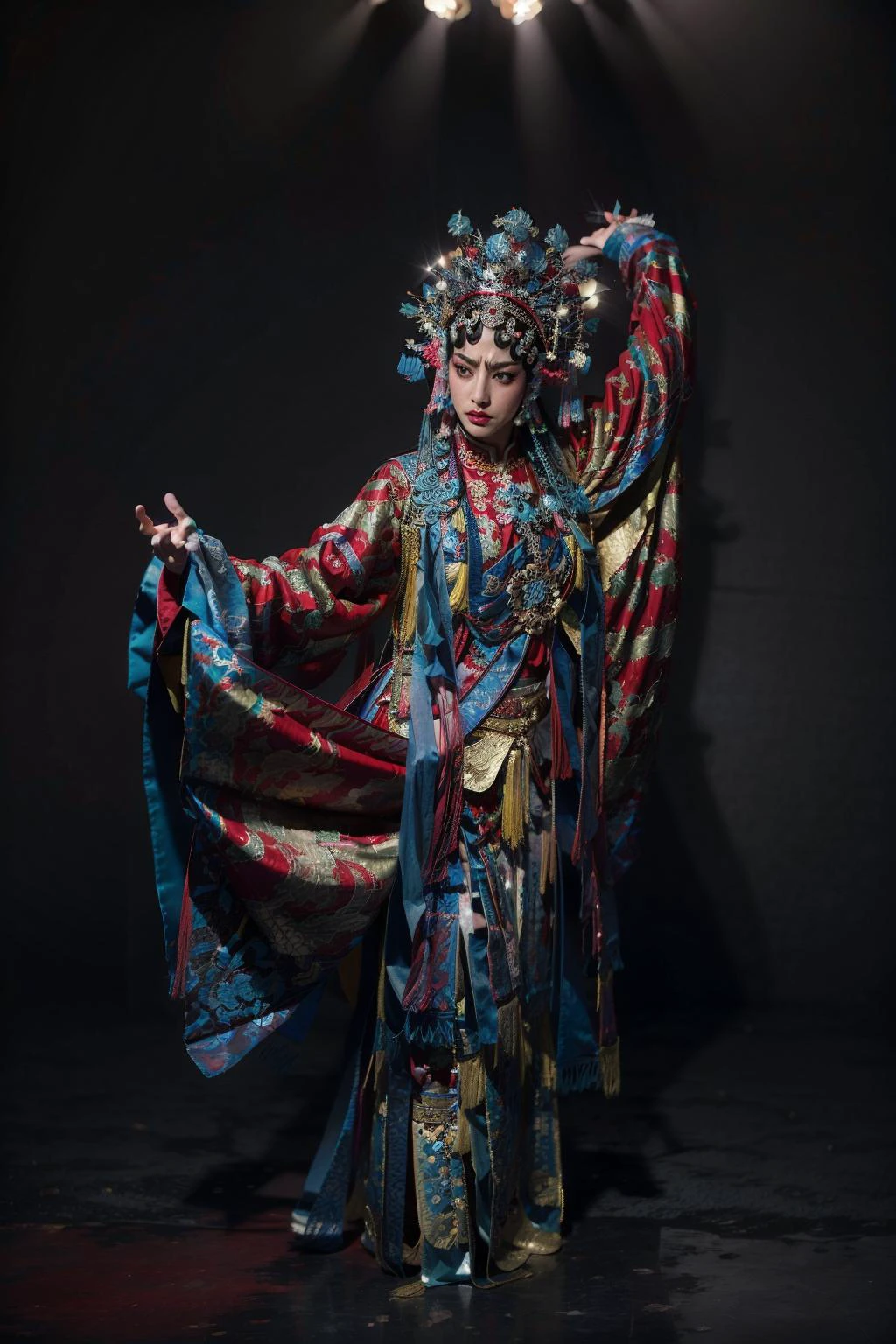 body, (angry:1), closed mouth, lipstick, (looking away:1.5), hand up, arms up, balck background, background, closed mouth, pointing , stage lights,
(masterpiece), long fingers, slim_hand, slim_fingers,
(detailed), (semi-realistic), (traditional Chinese dance costume:1.2), (Ekiholic inspired:1.3), (expressive facial features:1.2), (elegant dance movement:1.1), (opera:1.2), (traditional music instruments:1.1), (flowing sleeves:1.2) ,depth of field,
<lora:add_detail:0.6> <lora:LowRA:0.3>