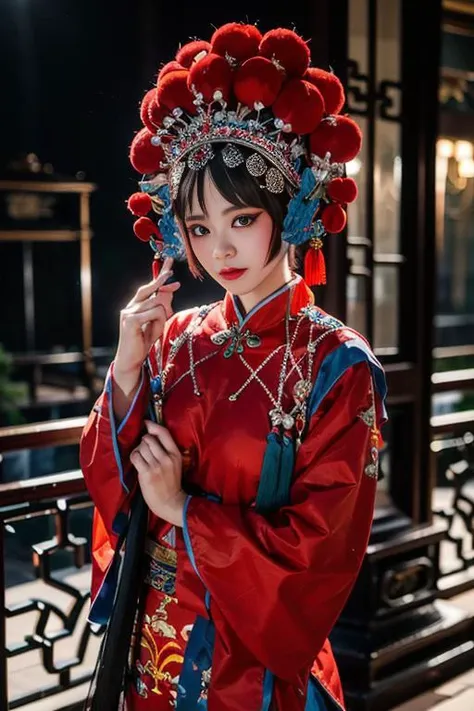 masterpiece, 1 girl, chinese opera, CNoperaCostume, CNoperaheaddress, CNoperaFlag, makeup, handdress, flags,