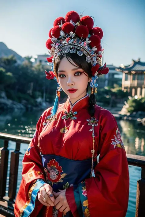 masterpiece, 1 girl, chinese opera, CNoperaCostume, CNoperaheaddress, CNoperaFlag, makeup, handdress, flags,