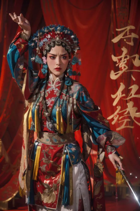 upper body, (angry:1.2), closed mouth, lipstick, (looking away:1.5), hand up, arms up, sword, holding sword, , sword on back, sword girls, balck background, background, closed mouth, pointing ,
(masterpiece), long fingers, slim_hand, slim_fingers,
(detailed), (semi-realistic), (traditional Chinese dance costume:1.2), (Ekiholic inspired:1.3), (expressive facial features:1.2), (elegant dance movement:1.1), (opera:1.2), (traditional music instruments:1.1), (flowing sleeves:1.2) ,depth of field, <lora:add_detail:0.9> <lora:LowRA:0.3>
