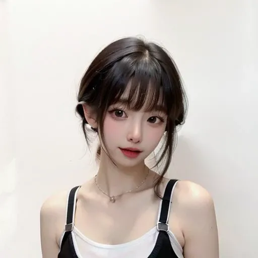 best quality, RAW, detailed, photorealistic, 8k, high res, 1girl, woman, (skindentation), (portrait:0.6), gorgeous, ((whitebackground:2.4)), ((white tanktop, mediumsize round breast:1.5)), head straight-looking at viewer:2.2, (1girl eyes looking at viewer, short-length straighthair, blackhair, bangs:1.65), photorealistic, (bokeh), (closed mouth:1.3), gorgeous, pureerosface_v1, <lora:fjj:0.7>