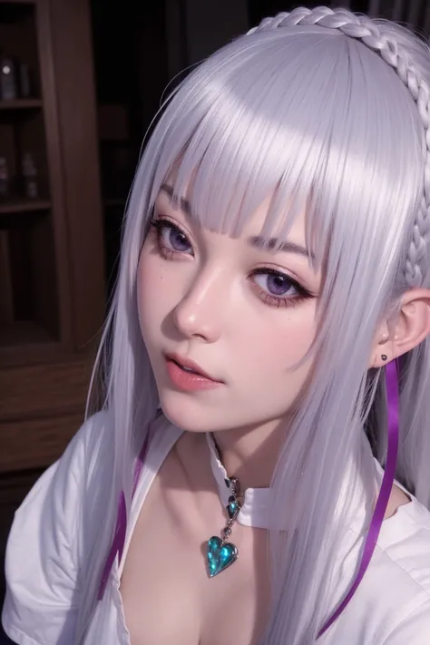masterpiece, best quality, highly detailed, ultra high res, (photorealistic:1.8), unreal_engine, photograph, realistic_skin_texture, japonese face, cute, <lora:Emilia:0.5>, 1girl, silver_hair, pointy_ears, purple_eyes, hair_ornament, hair_ribbon, braid