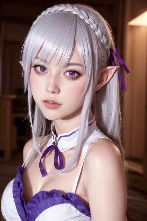 masterpiece, best quality, highly detailed, ultra high res, (photorealistic:1.8), unreal_engine, photograph, realistic_skin_texture, <lora:Emilia:0.5>, 1girl, silver_hair, pointy_ears, purple_eyes, hair_ornament, hair_ribbon, braid