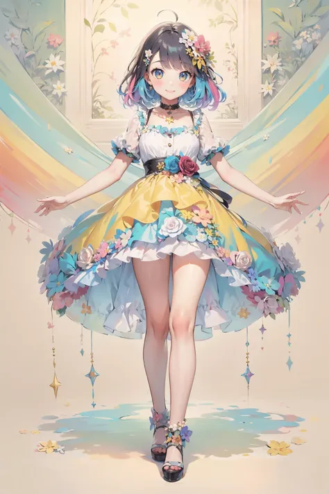 <lora:rainbow girl 1.1:0.7>,rainbow girl,(colorful:1.2),1girl,solo,smile,blush,flower,hair ornament,floral print,full body,, 8k, best quality, masterpiece, rule of thirds, superb, high resolution, sharp focus, extremely detailed description, professional, gorgeous and intricate details,