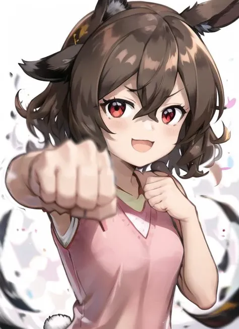 <lora:IncomingPunch:0.7> IncomingPunch, 1girl, solo, looking at viewer, smile, short hair, open mouth, bangs, simple background, brown hair, shirt, black hair, red eyes, white background, animal ears, hair between eyes, bare shoulders, tail, upper body, sleeveless, alternate costume, rabbit ears, sleeveless shirt, :3, wavy hair, rabbit tail, clenched hand, pink shirt, rabbit girl, floppy ears