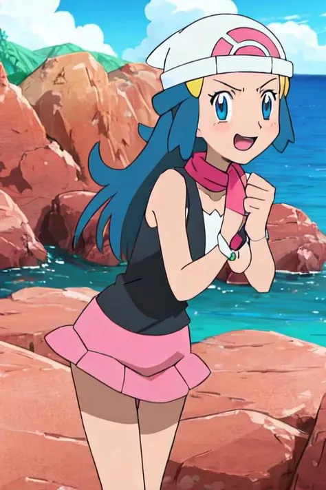 ((masterpiece,best quality)), absurdres, dawn \(pokemon\), solo, beanie, white headwear, long hair, blue hair, blue eyes, black sleeveless shirt, pink scarf, pink skirt, pink boots, ((laughing)), looking at viewer, cowboy shot, anime screencap, official art, 2d, anime, beach background, sea, sky, rocks, blushing, big smile, touched, sensible, emotion, ((detailed face)), ((IncomingPunch)), ((sun light)), (natural light), (((detailed eyes))), pretty face, perfect face, perfect body, perfect anatomy, perfects hands, perfect fingers, (((contrast)))
