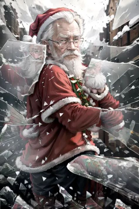 (masterpiece, best quality, ultra detailed), 1man, old man, Santa Claus, (santa claus clothes:1.3), (holding lots of gifts:1.2), IncomingPunch, <lora:IncomingPunch:0.7>, IncrsBrknGls, (broken glass:1.2), reflection, [<lora:BrokenGlass:0.8>:0.99], outdoor, snow, garden, motion blur, emphasis line, looking viewer,