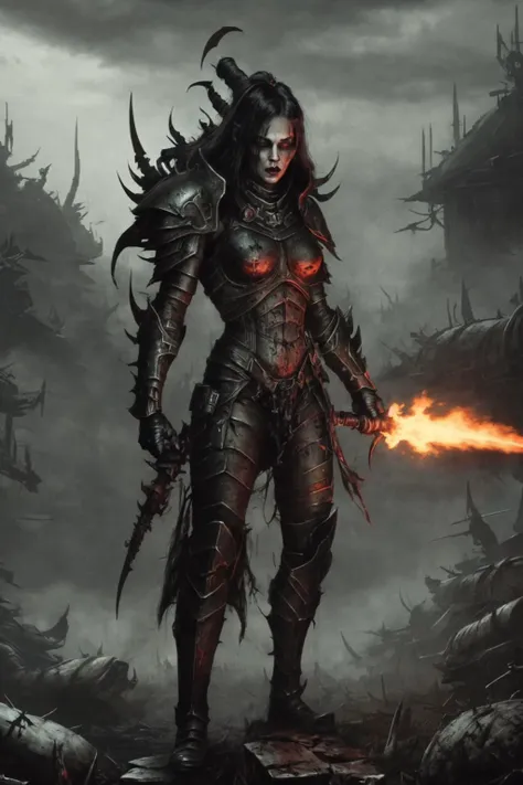 a nqstrman woman in armor holding a weapon, grim darkness, gritty, dark corridor, metal walls, steel beams, pipe, wires, science fiction, red and green glow
