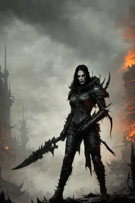 Terror, Horror, (grim_dark:1.4), full body, 
, (1girl:1.3), (wych:1.1), Warhammer 40k, (tall_girl:1.3), (fighting_stance:1.2), gothic_city_in_background (battlefield_background:1.4), drukhari, dark eldar, Eldar, (holding_wicked_long_sword:1.3)
, in the style of Giger in the hole, with a lot of blood around, hyperrealism, hyper-realistic color photo, realistic photography, dark atmosphere, realistic blood, HDR, ultra-detailed, high-quality render, ultra-realistic shadows, ultra-defined,  <lora:Wych MK1.A by CARAXES:0.75>