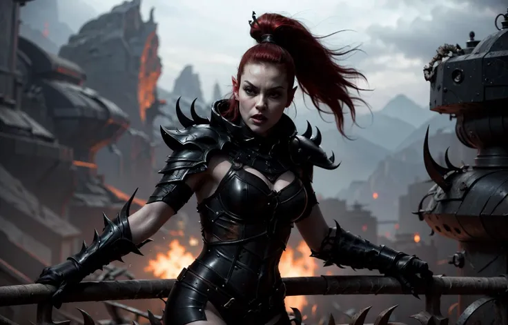 ((action-packed)),  <lora:Wych MK1.A by CARAXES:0.7>, Photo of wych in FULL armor, wearing intricate ornamented black metallic armor, tough, battle hardened, pointy ears, topknot, red hair, pale skin, (girl:1.2), reflective black metal, silver trimmings, details, shoulder armor detail, Extreme dynamic action poses, holding daggers, athletic, alien desert planet, <lora:Elixir:0.5>