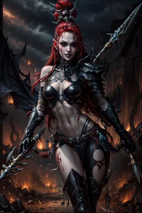 Photo of wych in FULL armor, wearing intricate ornamented black metallic armor, holding spear, claws, topknot, red hair, pale skin, blood on weapon, evil smile,
(girl:1.2), FULL armor, epic, reflective black metal, silver trimmings, (spear:1.5) details, shoulder armor detail, outfit,
running, ((blurred background:1.3)),
<lora:tool - add_detail:0.7> <lora:Wych MK1.A by CARAXES:0.7>