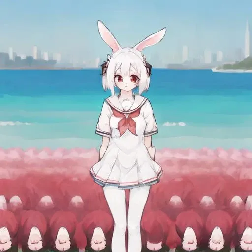1girl, solo, yuran, yuran_face, yuran_body, yuran_ear, yuran_tail, furry, rabbit ears, rabbit nose,  :-<, serafuku, outdoors, <lora:yuranv6-000004:1>